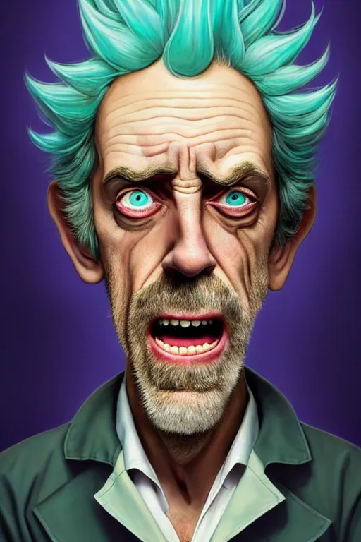 Image similar to Hugh Laurie as crazy genius Rick Sanchez from Rick and Morty, unibrow, white robe, big eyes, realistic portrait, symmetrical, highly detailed, digital painting, artstation, concept art, smooth, sharp focus, illustration, cinematic lighting, art by artgerm and greg rutkowski and alphonse mucha