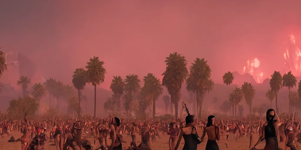 Prompt: realistic cinematic views of a orwellian coachella with wildfires in the background and dead seagulls falling from the sky in front of the main stage worshipping large egyptian styled statues of kim kardashian and kylie jenner, hyper detailed, terror glows, hyper realistic, digital painting, 8 k, 3 5 mm film grain, octane render
