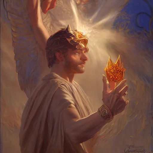 Image similar to attractive male deity casts light spell, summons attractive male lucifer morningstar. highly detailed painting by gaston bussiere, craig mullins, j. c. leyendecker 8 k