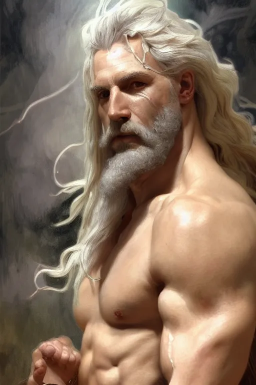 Image similar to painted portrait of rugged zeus, god of thunder, greek god, white hair, masculine, mature, handsome, upper body, flowy robe, muscular, hairy torso, fantasy, intricate, elegant, highly detailed, digital painting, artstation, concept art, smooth, sharp focus, illustration, art by gaston bussiere and alphonse mucha