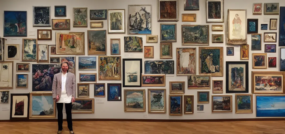 Prompt: Photo with 100 paintings in a museum