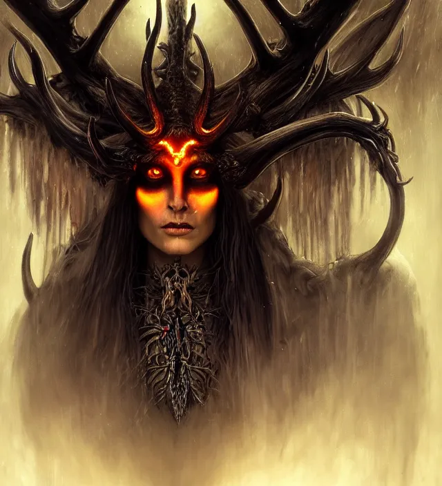 Prompt: a symmetrical matte portrait of evil druidess with glowing amber eyes, dragon wings and demonic antlers, cinematic atmospheric lighting, dark, atmospheric, brooding, painted, intricate, ultra - detailed by dave dorman, well composed, best on artstation, cgsociety, epic, stunning, gorgeous, intricate details, wow, masterpiece