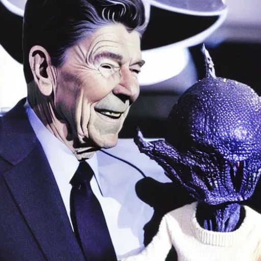 Prompt: ronald reagan and an alien!!!!, associated press photo, kodak ektachrome film