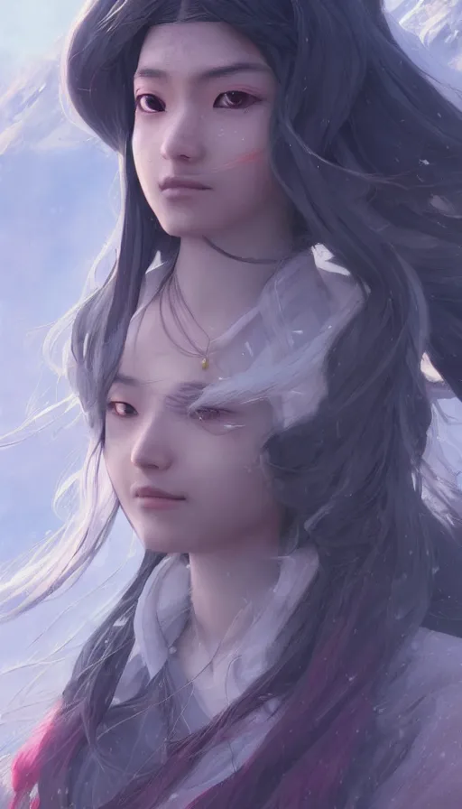 Image similar to beautiful himalayan woman with long silver hair, sci - fi clothing, matte, art by ilya kuvshinov and kyoto animation and ruan jia and greg rutkowski, studio quality, aniplex, masterpiece