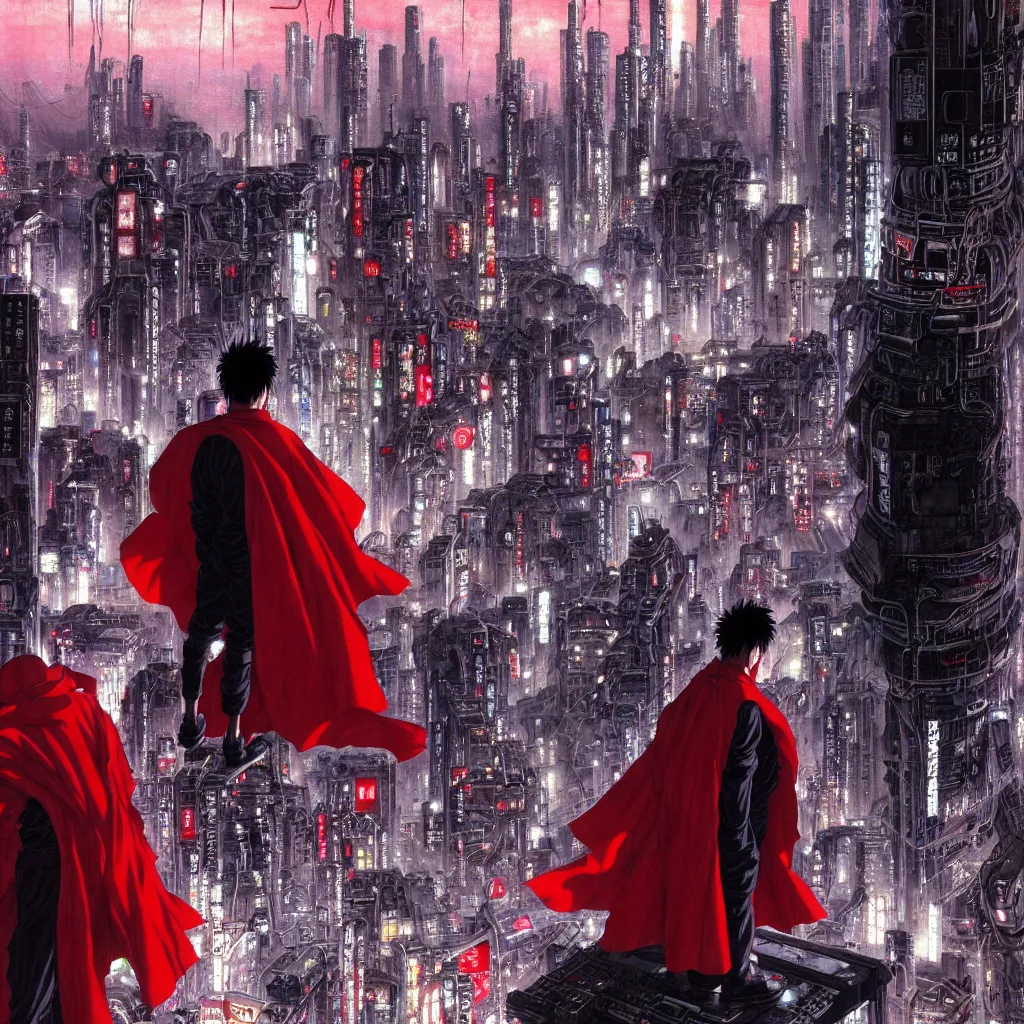 Prompt: tetsuo with red cape in neo - tokyo overlooking city, from akira | anime, matte painting, perfect detailed face anime art, dystopian megacity neo - tokyo akira, shaded perfect, fine details. realistic shaded lighting anime manga artwork by katsuhiro otomo, akira, artgerm, jeremy lipkin and michael garmash and rob rey