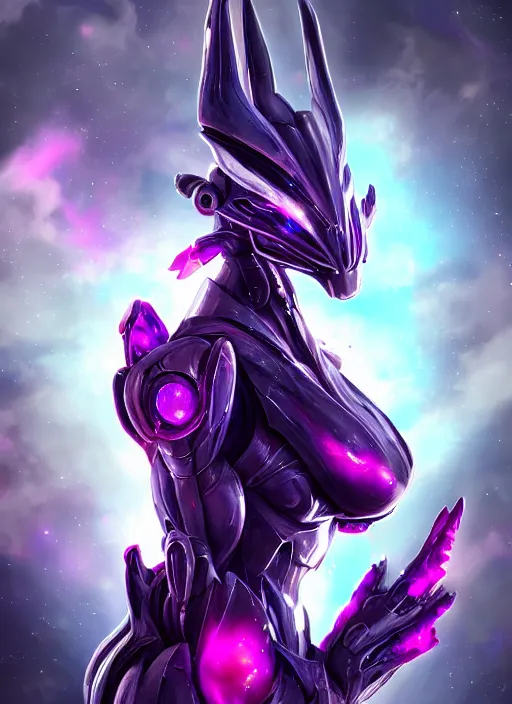 Image similar to cinematic bust shot, cosmic beautiful stunning giant robot mecha hot female dragon goddess, sharp spines, sharp metal ears, smooth purple eyes, smooth fuschia skin, elegant smooth silver armor, nebula size, epic proportions, epic scale, macro furry, furry art, dragon art, goddess art, giantess art, warframe, warframe fanart, furaffinity, octane