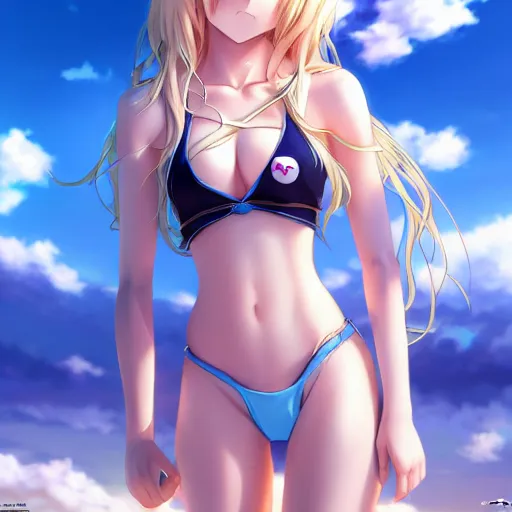 Image similar to a very beautiful anime cute girl, full body, long wavy blond hair, sky blue eyes, full round face, short smile, bikini, miniskirt, front view, medium shot, mid-shot, highly detailed, cinematic wallpaper by Stanley Artgerm Lau