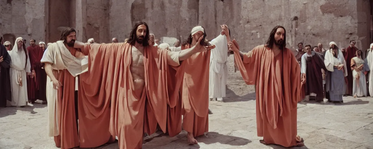 Image similar to jesus being taken to the cross wearing a spaghetti robe, ancient rome, architectural, minimal, canon 5 0 mm, wes anderson film, kodachrome, retro