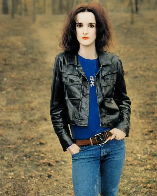 Image similar to headshot of young winona ryder, wearing a black bleather jacket, tom waits t - shirt and blue jeans with a belt, photoshoot in the style of annie leibovitz, soft focus, bokeh