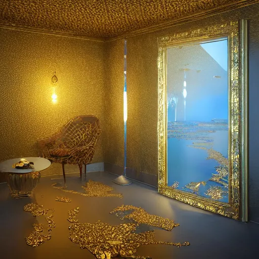 Image similar to an incredibly beautiful world of multifaceted crystal and polished mirrors in the style of erik johansson by dr. seuss covered in intricate gold leaf detail with soft indirect lighting, an ultrafine detail, final fantasy, cinematic colors, behance contest winner, unreal engine 5 highly rendered, global illumination, radiant light, detailed and intricate environment