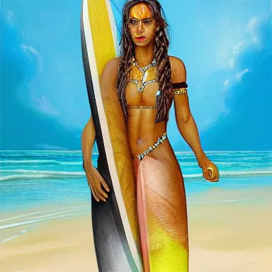 Image similar to a fantasy painting on oil of a beautiful female tiger striped tabaxi surfer druid carrying a wooden surfboard on a sandy beach in the Maldives, artstation, andrei riabovitchev, nuri iyem, james gurney, james jean, greg rutkowski, highly detailed, Rossdraws, Bluesssatan, Mandy Jurgens, Stjepan Sejic