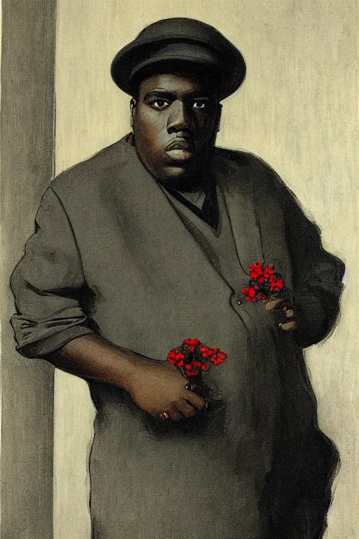 Image similar to portrait of biggie smalls, bloom flowers, modern, eclectic, illustration, by ramon casas