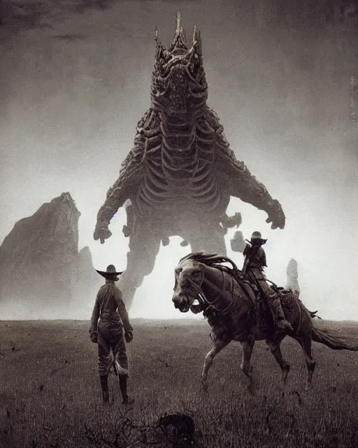 Image similar to cowboys vs kaiju, vintage old, sepia, retrofuturism sci - fi old movie, highly detailed, photorealistic, 8 k, by beksinski and stalenhag