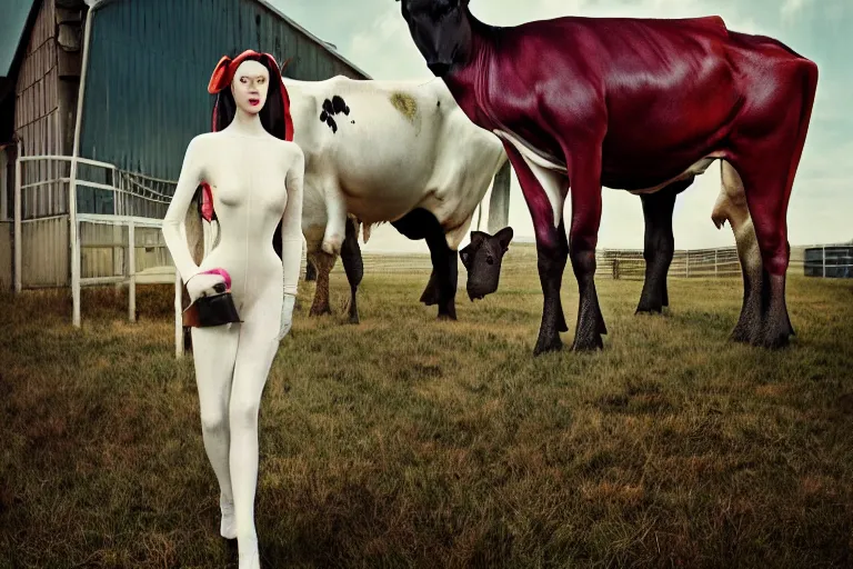 Prompt: 35mm color, lost photo, identity, portrait, fashion shoot, weird, random, strange, hyperdetailed, photorealistic, high fashion, interesting, dairy farm, by David la chapelle and WETA digital, Vogue magazine, ID magazine, octane rendering, cinematic, hyperrealism, 8k, depth of field, bokeh.