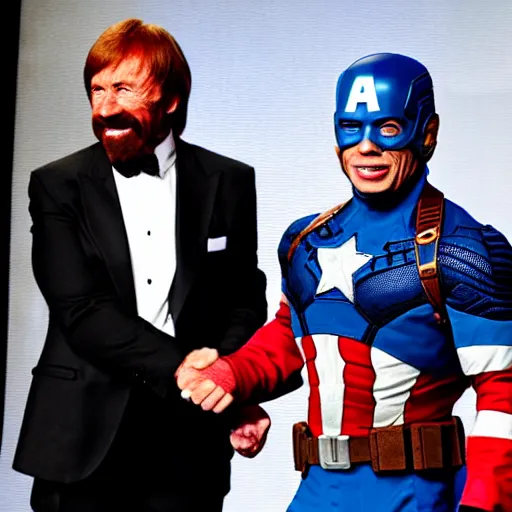 Image similar to uhd hyperdetailed candid photo of cosmic chuck norris dressed as captain america, wearing extremely intricate costume, receiving an award from elon musk. photo by annie leibovitz