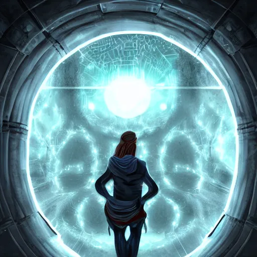 Prompt: An ultra detailed digital illustration of a figure standing infront of a portal. Inside the portal two enormous hands emerge, art by robbie trevino, trending on artstation, epic scale, epic composition,