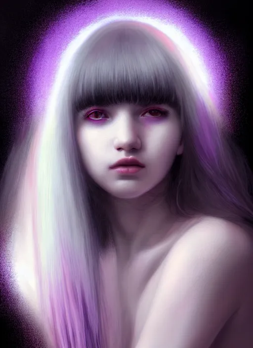 Image similar to portrait of teenage girl with white bangs, red irises, bangs, black and white hair, purple clothes, white bangs, two color hair, black hair and white bangs, intricate, elegant, glowing lights, highly detailed, digital painting, artstation, concept art, smooth, sharp focus, illustration, art by wlop, mars ravelo and greg rutkowski