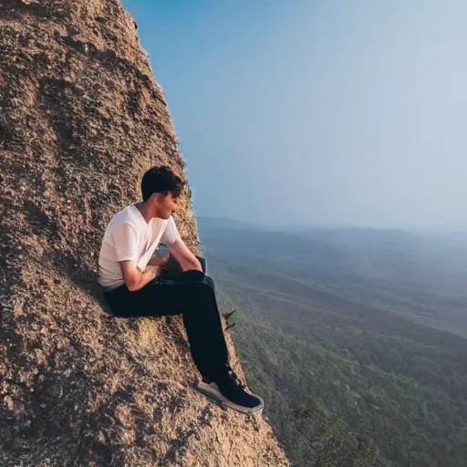 Image similar to man sitting on top peak mountain cliff looking at huge sand tornado