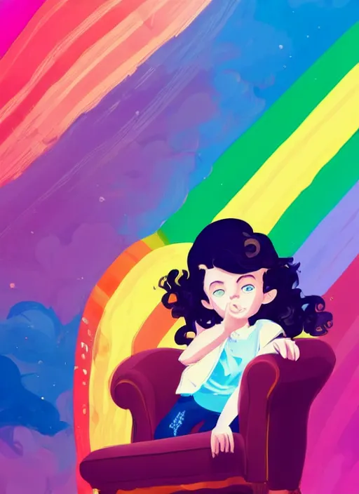 Image similar to a little girl with wavy curly rainbow hair sitting in an armchair. clean cel shaded vector art. shutterstock. behance hd by lois van baarle, artgerm, helen huang, by makoto shinkai and ilya kuvshinov, rossdraws, illustration, art by ilya kuvshinov