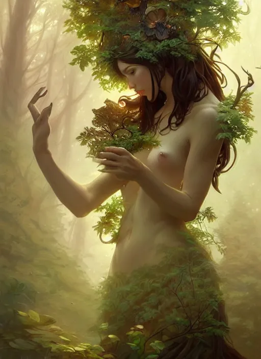 Image similar to a cute forest elemental, with fingers, fantasy, intricate, elegant, highly detailed, digital painting, artstation, concept art, wallpaper, smooth, sharp focus, illustration, art by artgerm and greg rutkowski and alphonse mucha