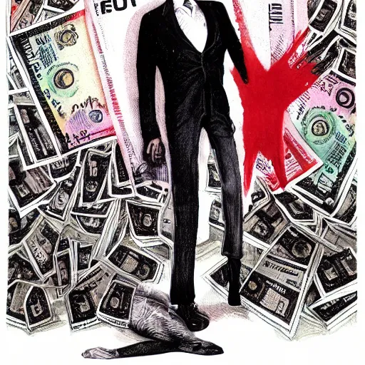 Image similar to George Soros full body shot, dollar bills Body horror, biopunk, by Ralph Steadman, Francis Bacon, Hunter S Thompson