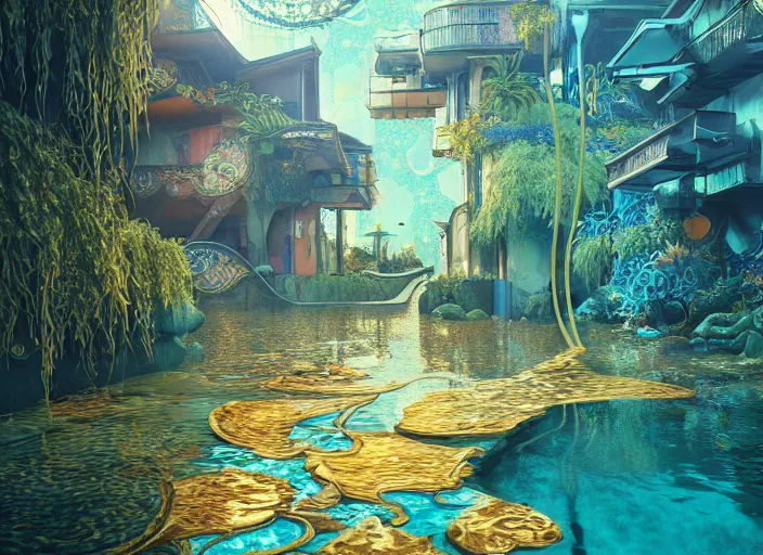 Image similar to foliage in art nouveau favela, underwater environment, scenery, professional, award - winning, trending on artstation, hyper detailed, realistic, beautiful, emotional, shiny, golden, picture