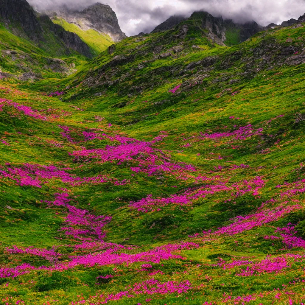 Image similar to valley of flowers with high and small monoliths, humans, renaissance, film grain, high detailed,