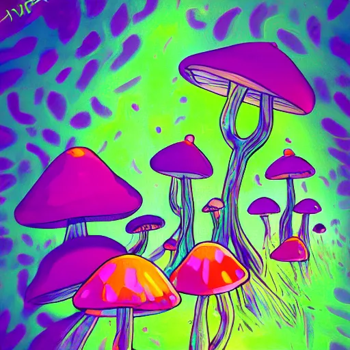 Image similar to trippy mushrooms, acrilic paint, digital, artstation
