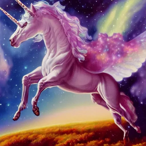Image similar to an iridescent unicorn with translucent wings eating in a field of marijuana, nebulas is in the sky, oil painting by boris vallejo, concept art, highly detailed, high quality, 8 k,