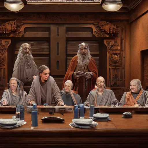 Image similar to the jedi council, wide angle shot, diffuse lighting, intricate, elegant, highly detailed, lifelike, photorealistic, sharp focus, a 2 4! film cinematography, cinematic, hyper realism, high detail, dream like atmosphere