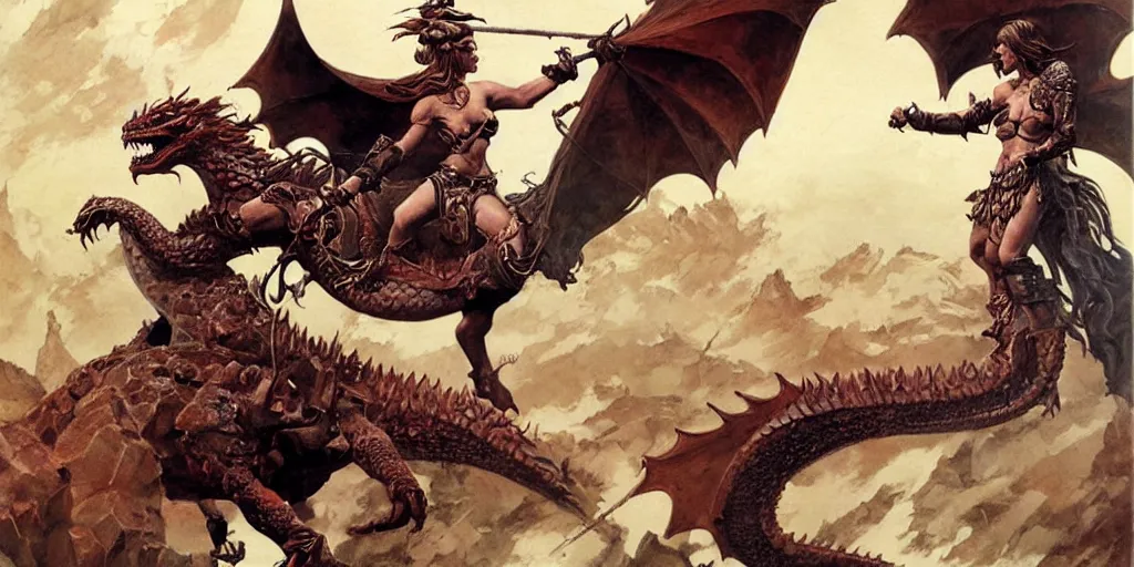 Image similar to portrait of a single barbarian princess riding a dragon into battle, intricate, elegant, highly detailed, digital painting, art by frank frazetta and boris vallejo