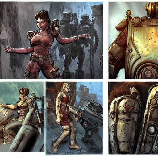 Image similar to fallout 5, concept art drawings of the opening scene, storyboard, concept art, comic style, female protagonist and feline companion, both wearing some kind of body armour, atmospheric lighting, painted, intricate, volumetric lighting, beautiful, gritty, rich deep colours masterpiece, sharp focus, ultra detailed by jack kirby, ignacio fernandez rios, thierry doizon