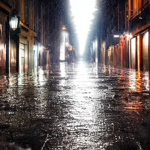 Image similar to peaceful city street at night raining, many streetlights along the road, with their light reflecting off puddles and rain covered cars