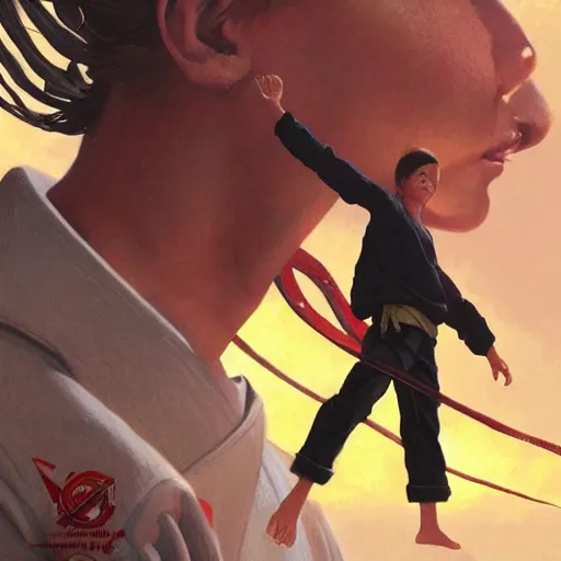 Image similar to karate kid, movie poster, miyagi, intricate, detailed, volumetric lighting, scenery, digital painting, highly detailed, artstation, sharp focus, illustration, artstation, art by artgerm and greg rutkowski and alphonse mucha