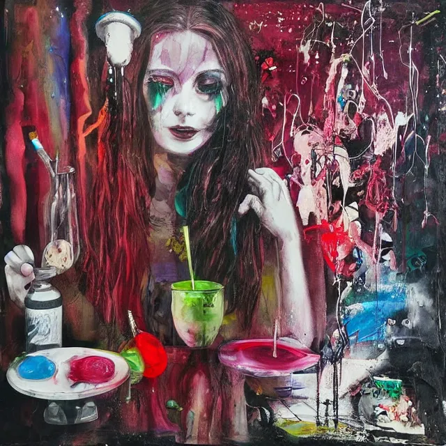 Image similar to “ a portrait in a female art student ’ s apartment, magic mushrooms, sensual, art supplies, a candle dripping white wax, berry juice drips, acrylic and spray paint and oilstick on canvas, surrealism, neoexpressionism ”