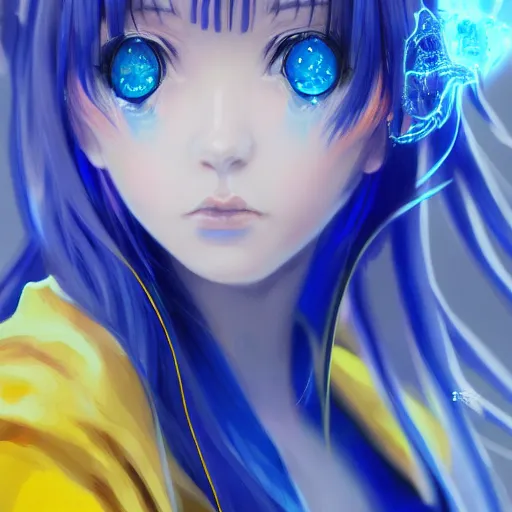 Image similar to a portrait of anime ukrainian blue and yellow girl, concept art, trending on artstation, highly detailed, intricate, sharp focus, digital art, 8 k