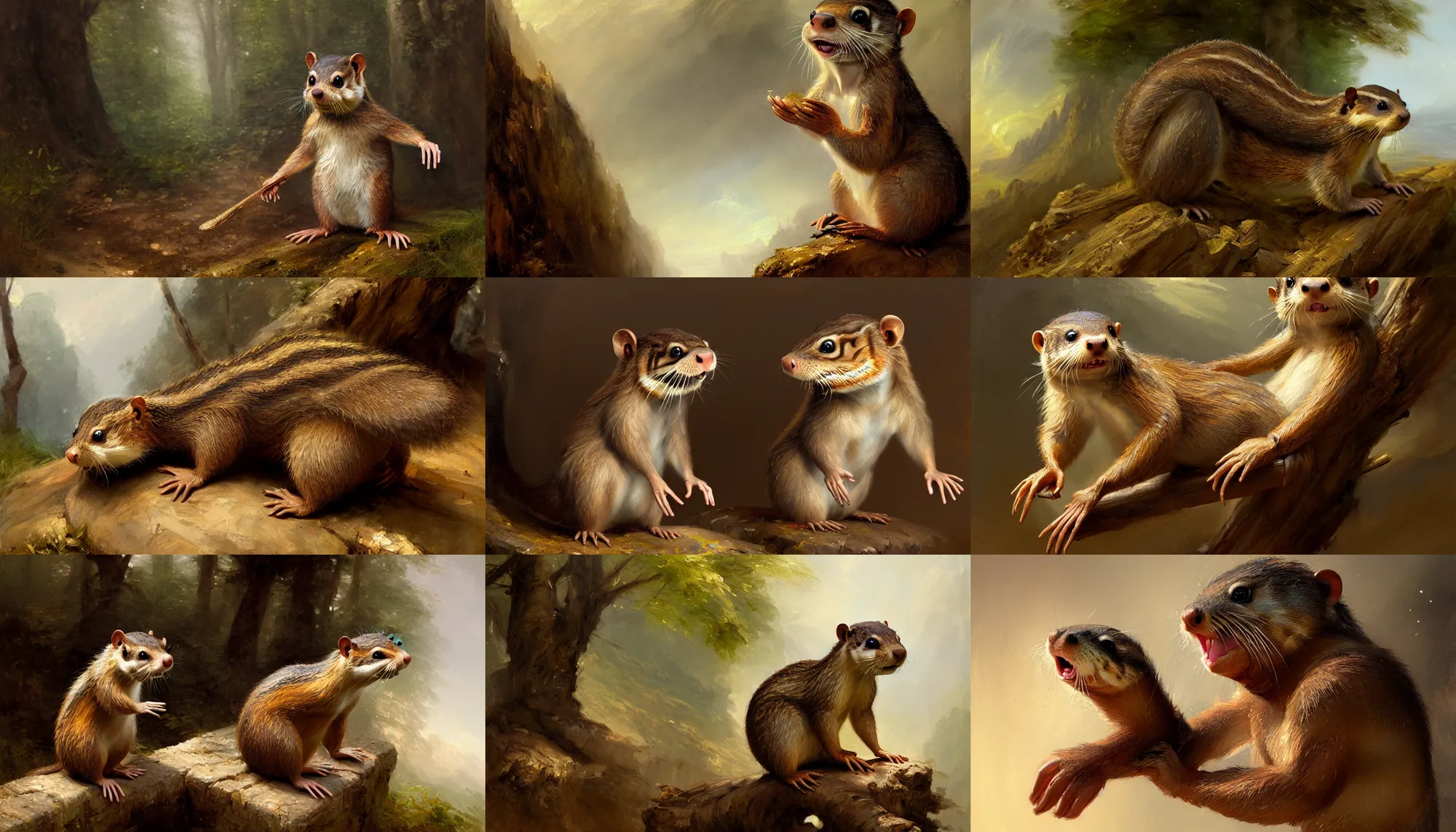 Prompt: highly detailed painting of a humanoid half chipmunk half man otter creature by william turner, by greg rutkowski, by william constable, thick brush strokes and visible paint layers, 4 k resolution