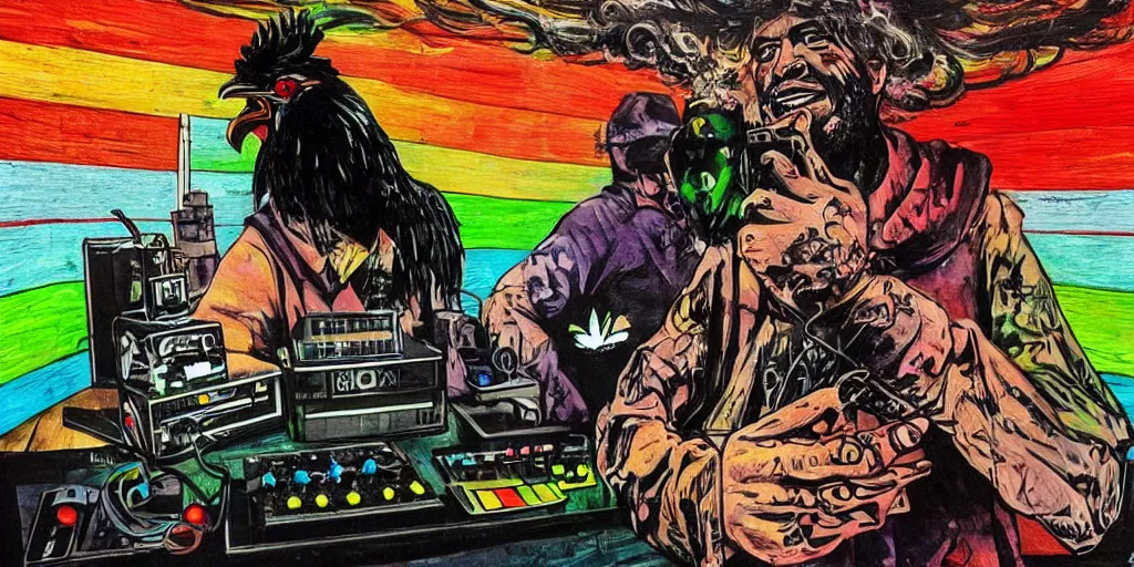 Image similar to 'black rooster'!!! smoking 'cannabis'!!!!!! in front of 'audio console'!!!! and 'pc masterrace RGB custom build'!!!!! 'multi monitors and projectors'!!!! 'in a hi-tech tv broadcasting studio with red camera rig'!!!!, artwork by James Gilleard