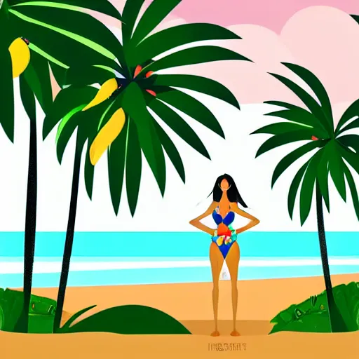 Image similar to a beautiful illustration of a woman in a swimsuit on the beach with palm trees by hed kandi, adobe illustrator