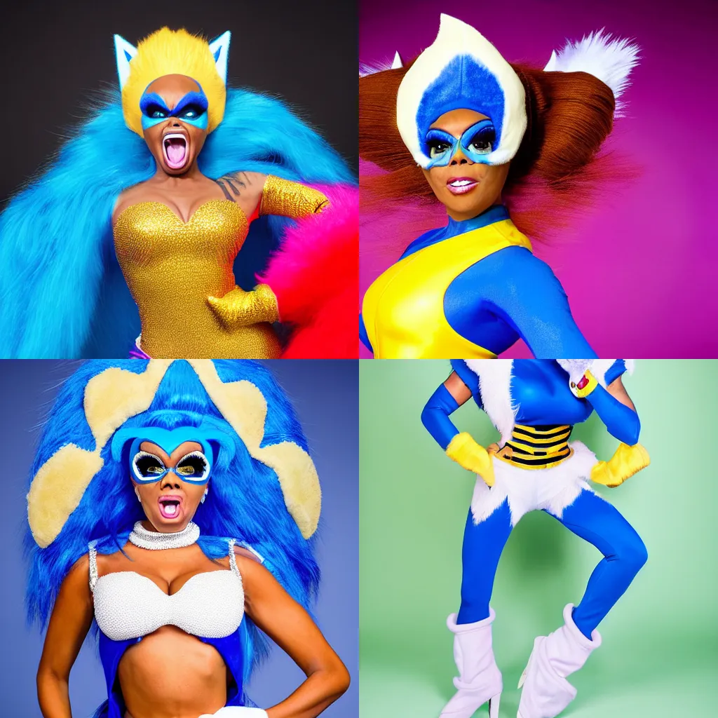 Prompt: high quality studio portrait of a RuPaul's Drag Race contestant dressed like Sonic the Hedgehog, Sonic cosplay