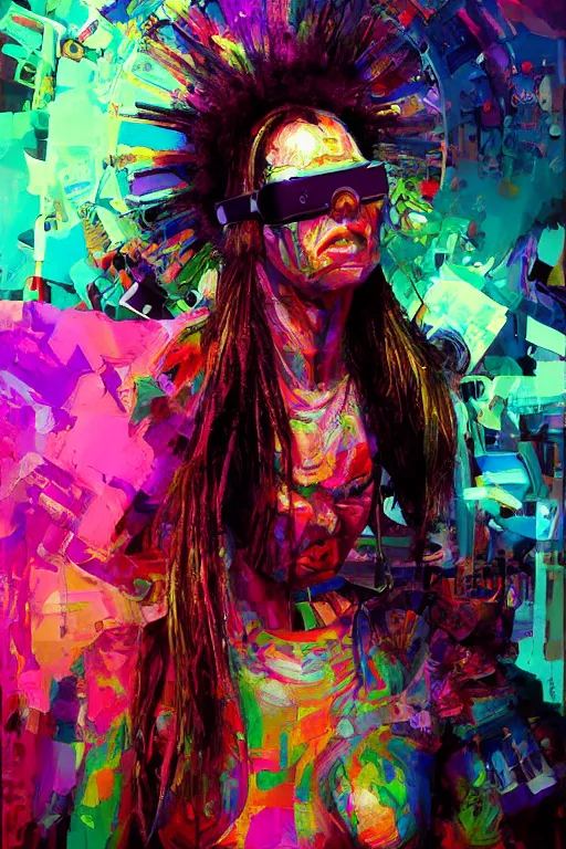 Image similar to portrait, headshot, digital painting, an delightfully crazy, wholesome techno - shaman lady, vr headset, psychodelic, synthwave, glitch, fracture, realistic, hyperdetailed, chiaroscuro, concept art, art by john berkey