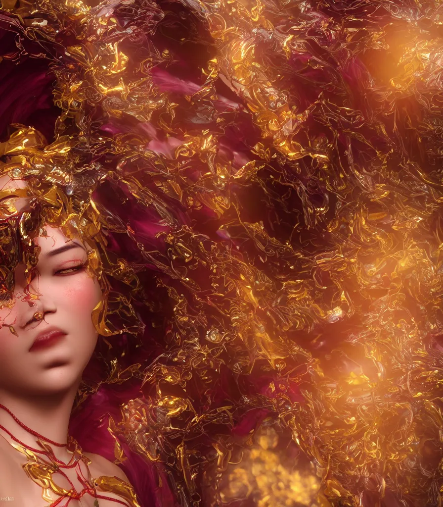 Image similar to closeup photoshoot of asian goddess of bliss and honey, silk flowing in wind, totemic ritualistic tarot sigils embedded in ruby skin, photoreal, unreal engine, redshift render, trending on artstation