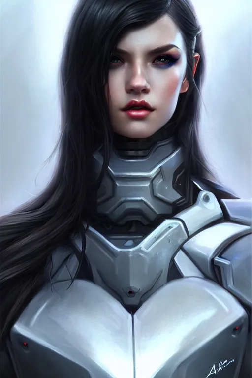 Prompt: artistic portrait of a futuristic paladin wearing power armor, perfect fit body, long black hair, beautiful eyes and lips, industrial setting, art by artgerm and wlop and brom, highly detailed, 8 k, cinematic, mist, digital painting, sharp focus, illustration, masterpiece