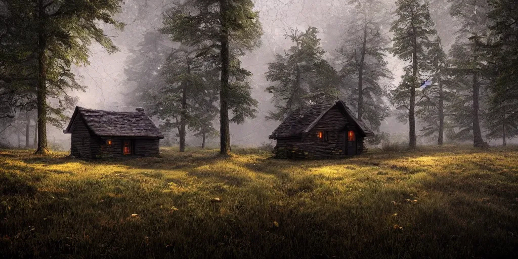 Image similar to lone cottage in the woods, 8k, fantasy, photorealistic, dramatic lighting