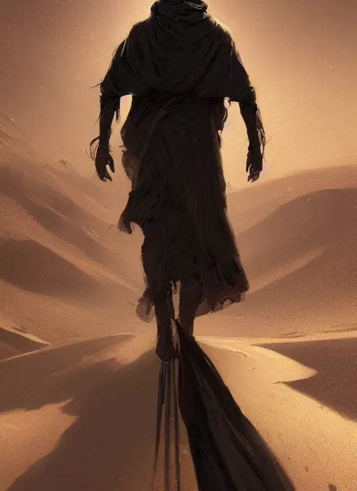 Prompt: a dark matter god walking in a desert wearing a black robe by greg rutkowski and artgem, detailed, digital art, trending on artstation, hyper - realistic