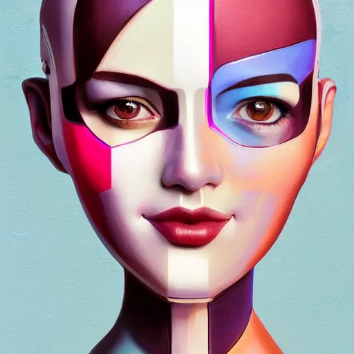 Image similar to android robot woman face painting, looking straight to camera, muted colors, matte print, pastel colors, ornate, digital art, cute smile, winning artwork, digital painting, professional art, elegant, by Ilya Kuvshinov, by artgerm