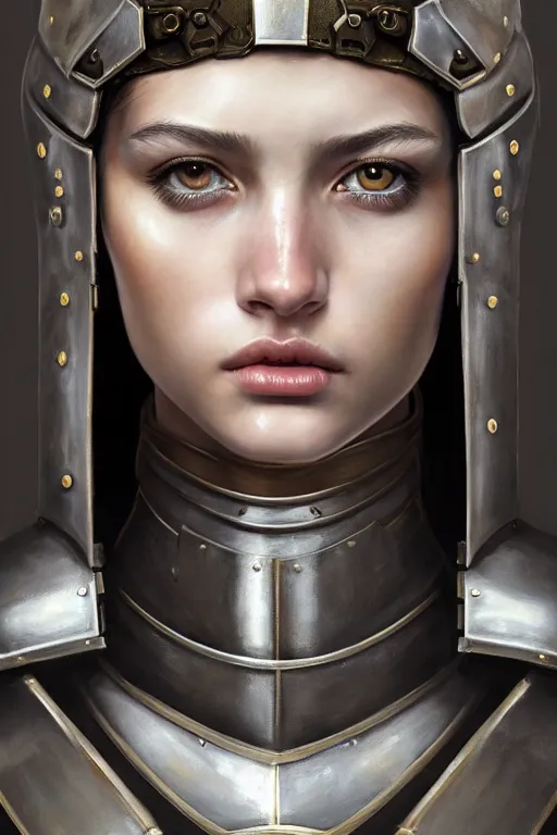 Prompt: a photorealistic painting of an attractive young girl, partially clothed in metal-plated battle armor, olive skin, long dark hair, beautiful bone structure, symmetrical face, perfect eyes, intricate, elegant, digital painting, concept art, illustration, sharp focus, minimal artifacts, from Metal Gear, in the style of Ruan Jia and Mandy Jurgens, by Greg Rutkowski, trending on Artstation, award winning