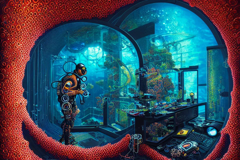 Prompt: detailed portrait of a cyberpunk scuba diver inside a dmt portal, cinematic lighting, corals, big mirrors, stacked computer screens, science lab, 8 k high resolution, by james r eads and tomasz alen kopera