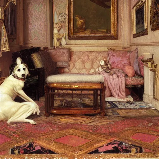 Image similar to a renaissance oil painting by Alma Tadema of a dog inside an intricately decorated living room, pastel color scheme, digital painting, high detail