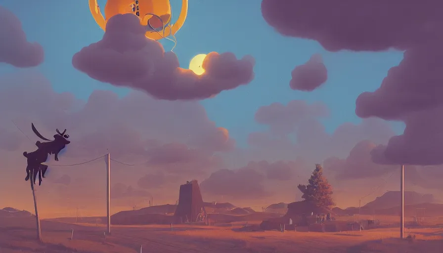 Image similar to baphomet in the sky, blocking the sun, simon stalenhag